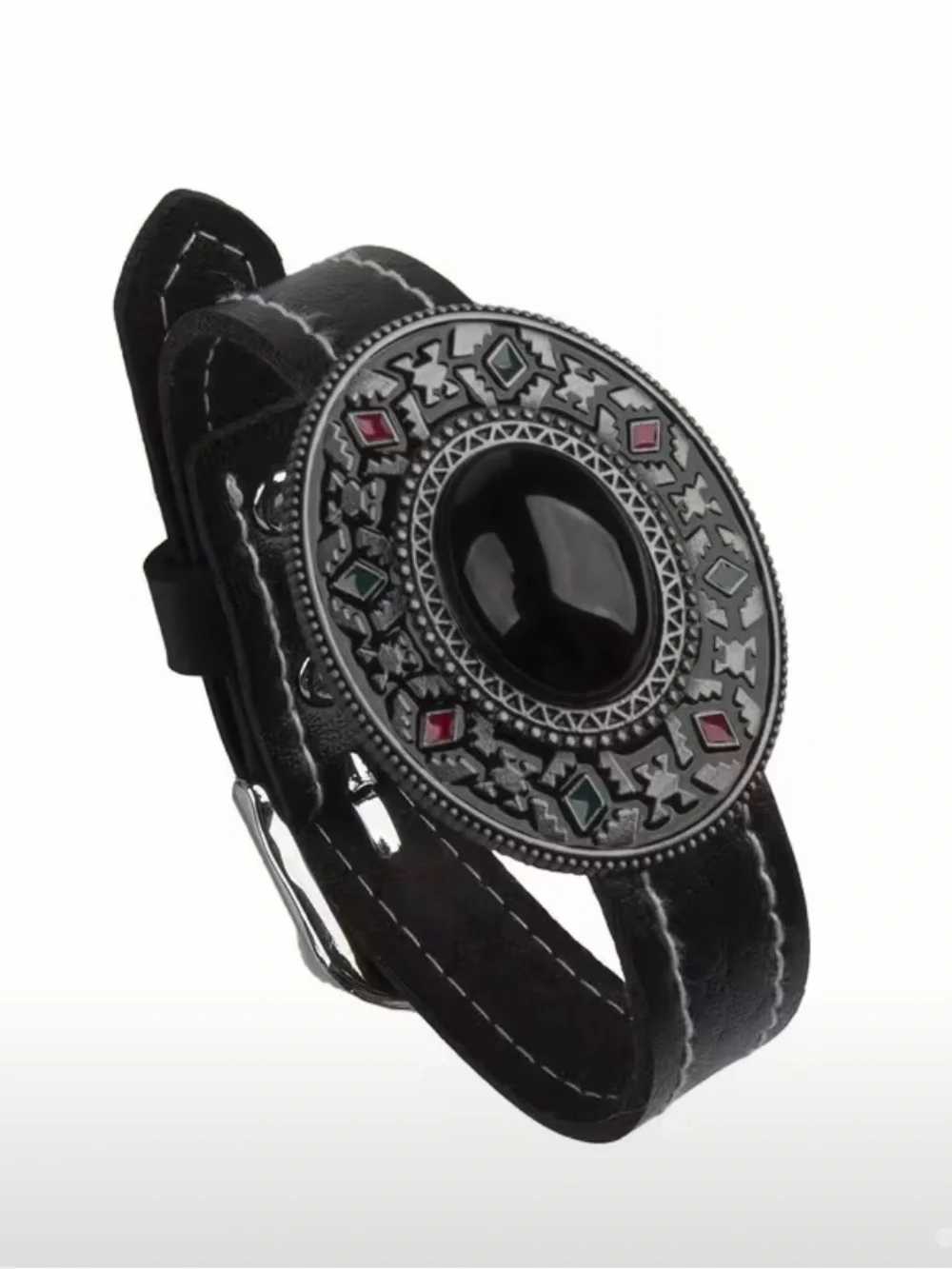 Western Bracelet Black Leather Bracelet with Ornate Oval Medallion